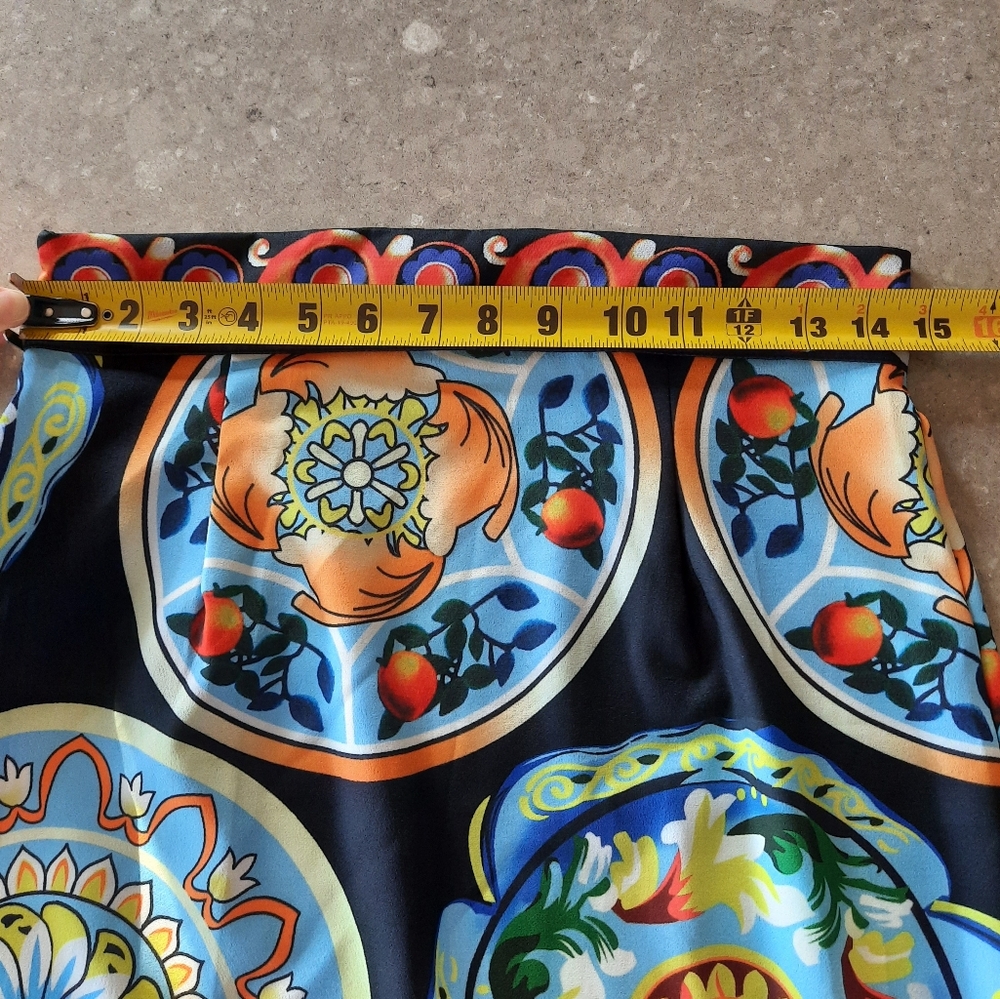 Pencil Skirt Womens Small / Med Ceramic Plate Print Black Multicolored Side Zip - Picture 3 of 14